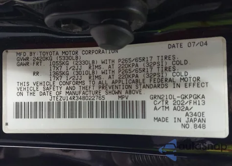 2004 Toyota 4Runner Sr5 Sport V6 from USA, damaged, VIN JTEZU14R348022765